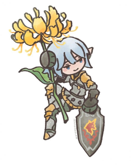 Chibi style drawing of Haurchefant holding up a yellow honeysuckle stem.