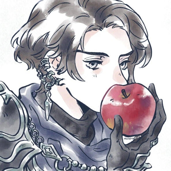 Close up drawing of Zero from Final Fantasy XIV biting into a red apple.