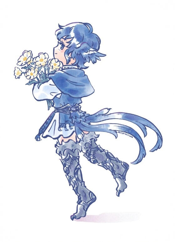 Drawing of Meteion from Final Fantasy XIV embracing a bouquet of yellow flowers.