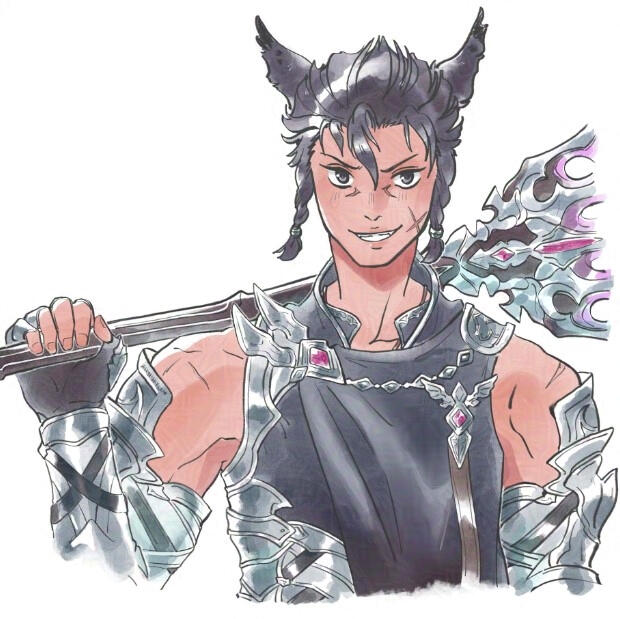 Drawing of a Miqo'te dragoon grinning and holding a spear over his shoulder.