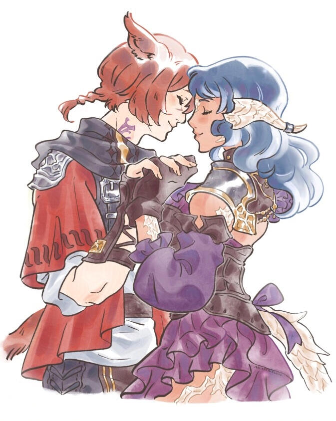 Drawing of G'raha Tia and an Au Ra woman holding hands and smiling gently with their foreheads touching.