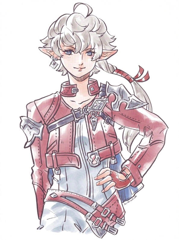 Half body drawing of Alisaie in her Endwalker outfit. She's smiling and has a hand on her hip.