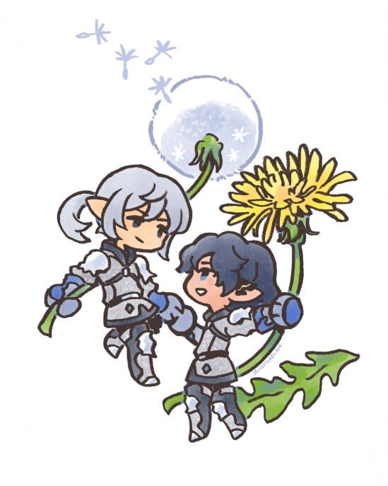 Chibi style drawing of Estinien and Aymeric in their temple knight gear, each holding a dandelion flower.