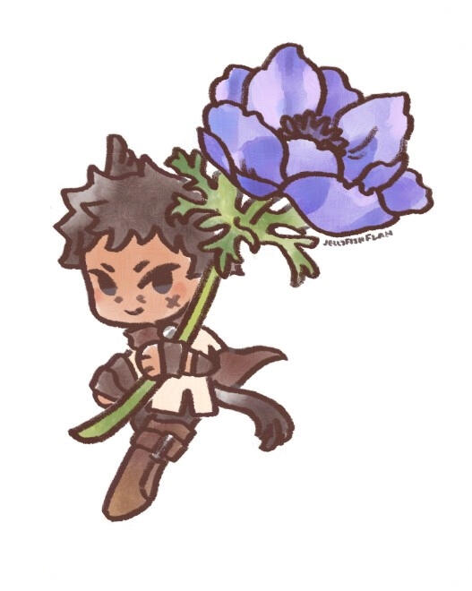 doodle of a chibi style Miqo'te holding a purple anemone flower